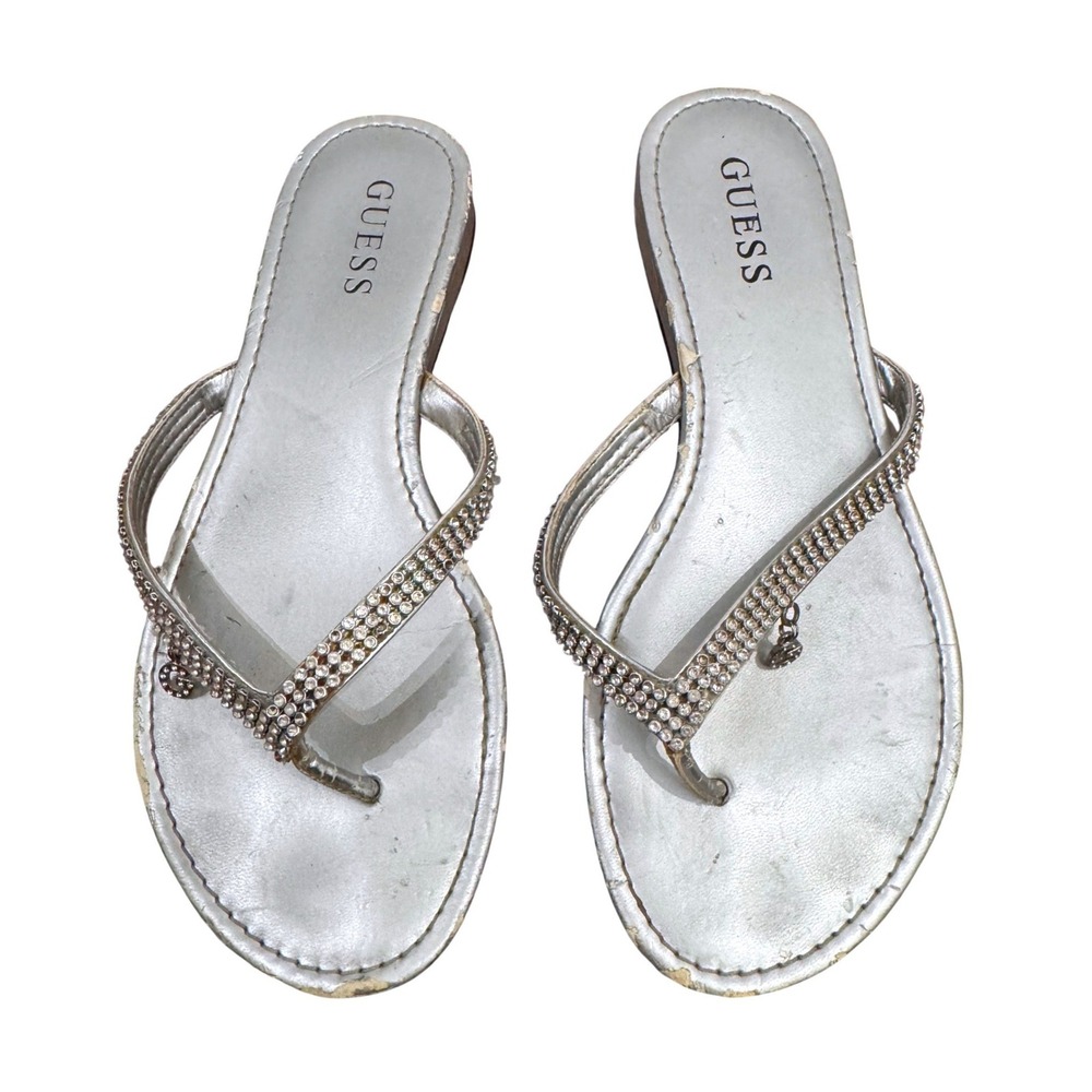 Y2K Guess Rhinestone Flip Flops Silver Thong Sandals McBling Logo Charm 8